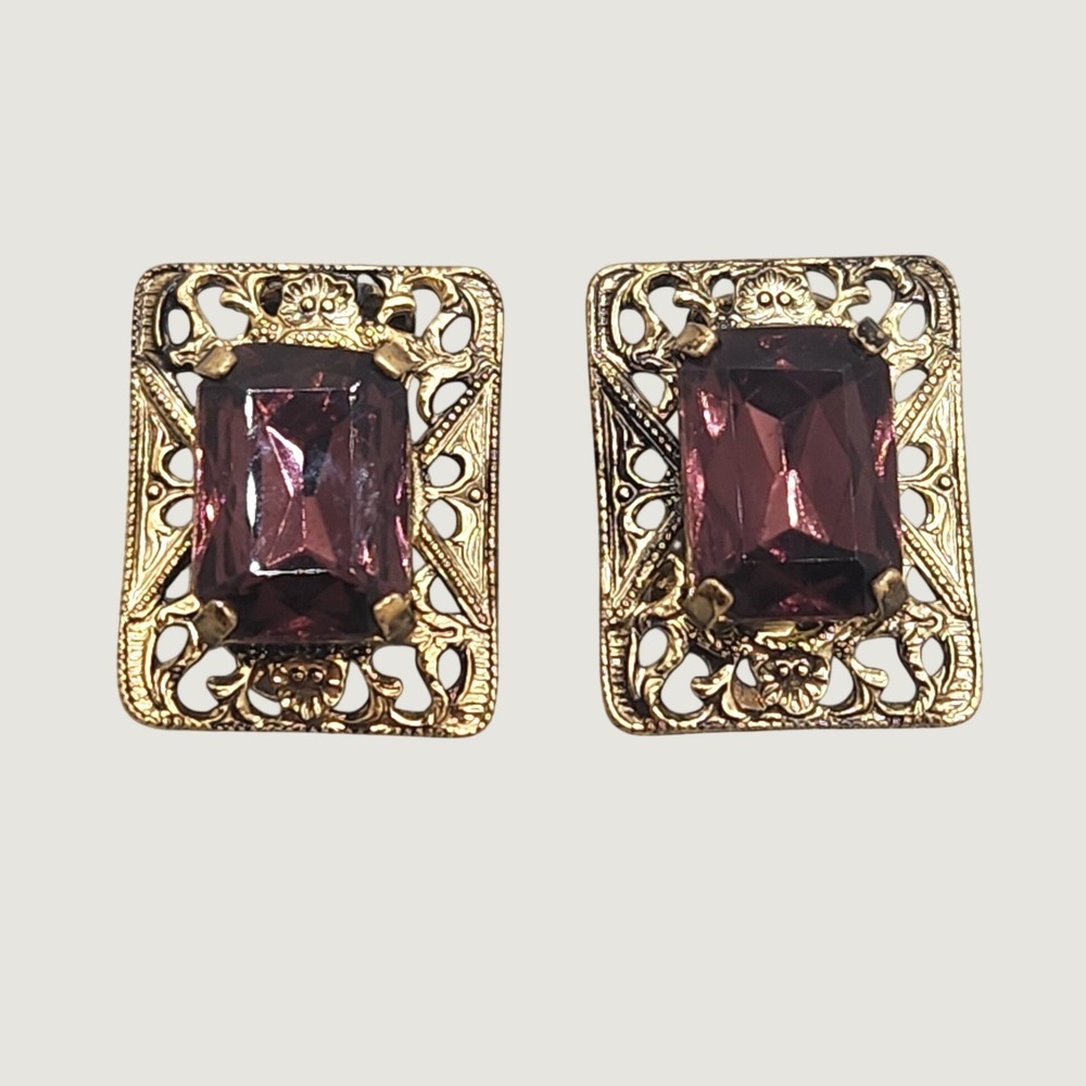 Vintage Edwardian Revival Clip-On Earrings Burgundy Faceted Glass Filigree Gold